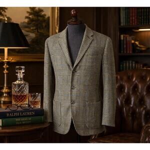 Polo Ralph Lauren 100% Linen Glen Plaid blue Windowpane Sport Coat Blazer 44L